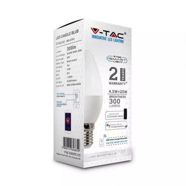 V-TAC SMART VT-5114 LAMPADINA LED WI-FI E14 4,5W CANDELA RGB+W 4IN1 DIMMERABILE - SKU 2754