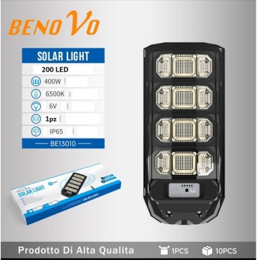 LAMPIONE STRADALE LED 400 Watt Con PANNELLO SOLARE INTEGRATO CREPUSCOLARE ip65