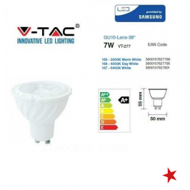 V-TAC PRO VT-277 LAMPADINA LED GU10 7W FARETTO SPOTLIGHT CHIP SAMSUNG 38° - SKU 165 / 166 / 167